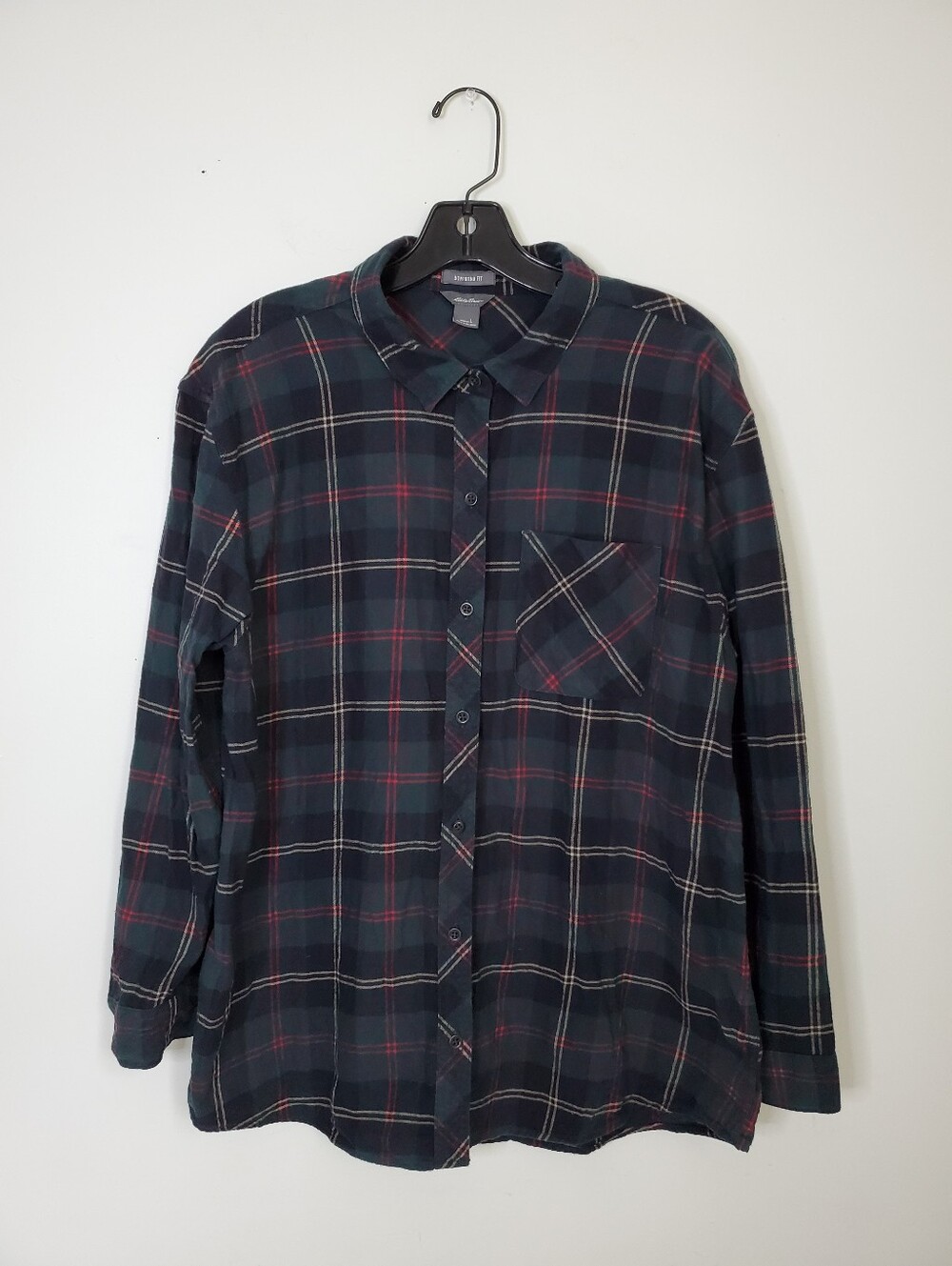 Eddie Bauer Forest Green Plaid Boyfriend Fit Button Up Long Sleeve Flannel Shirt